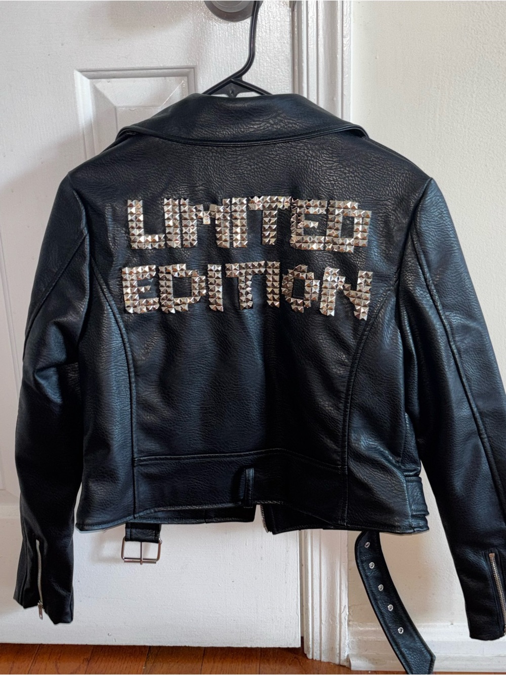 Black Studded 'Limited Edition' Faux Leather Biker Jacket